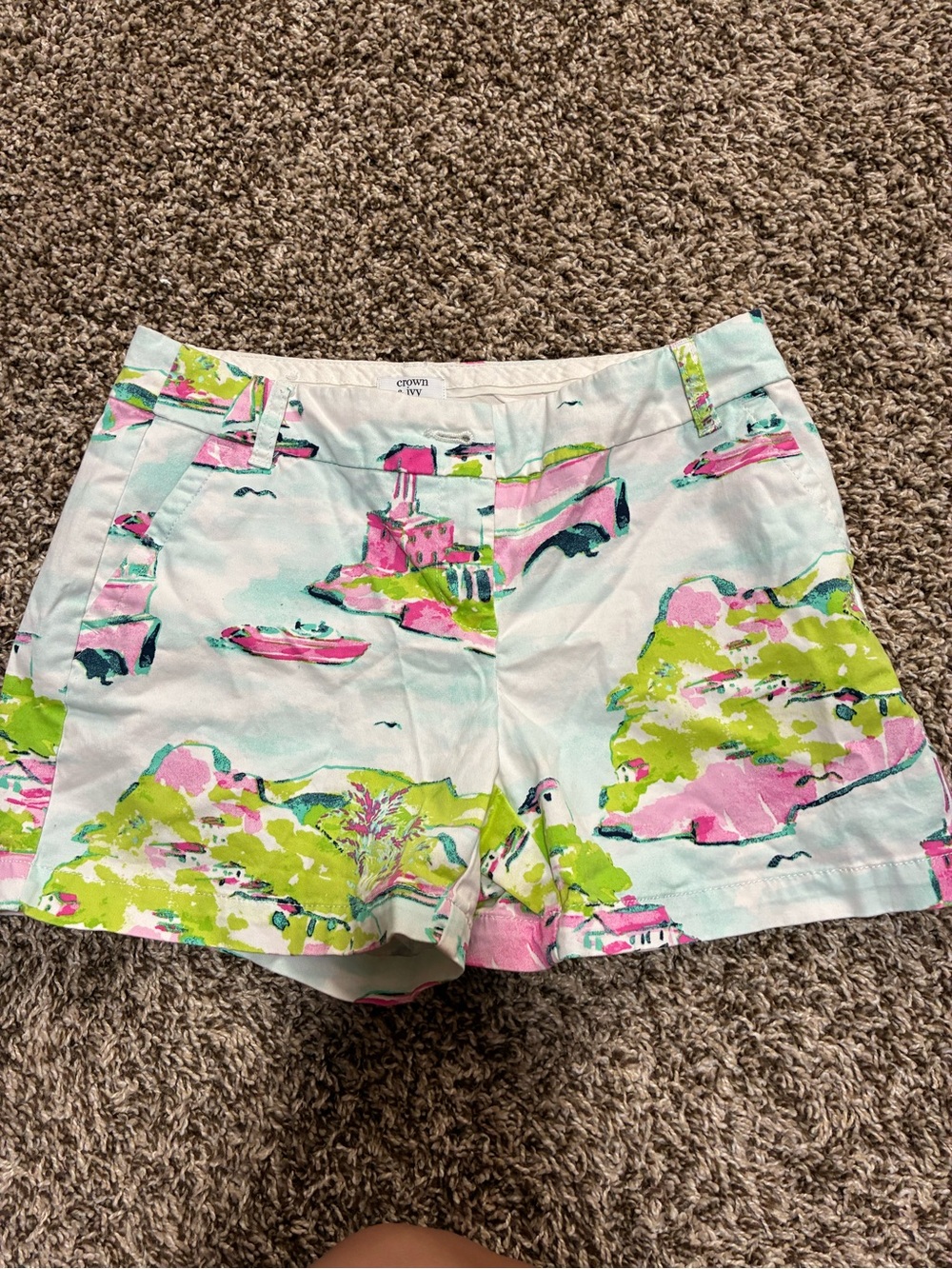 crown & ivy White Printed Shorts with Pink & Lime Motif